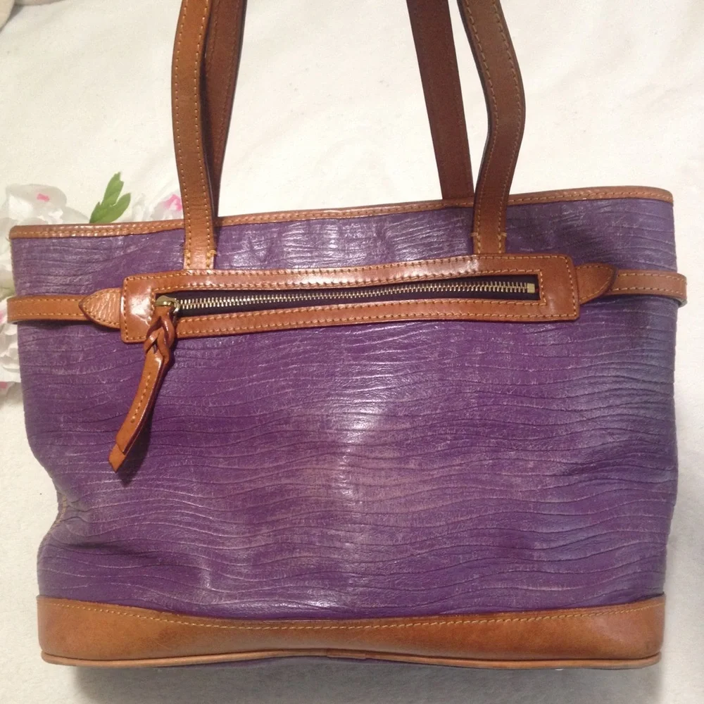 Dooney & Bourke Purple and Light Brown Shoulder Tote Bag - Picture 6 of 16